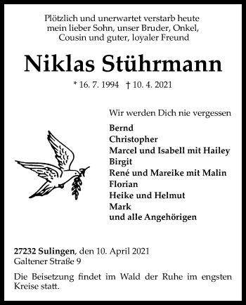 Todesanzeige von Niklas Stührmann von SYK
