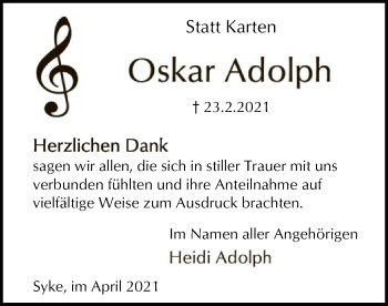 Todesanzeige von Oskar Adolph von SYK