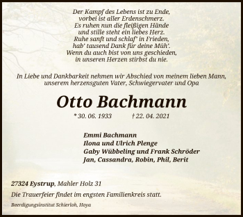 Todesanzeige von Otto Bachmann von SYK