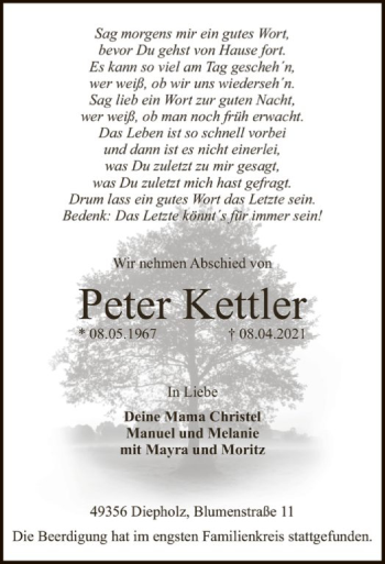 Todesanzeige von Peter Kettler von SYK