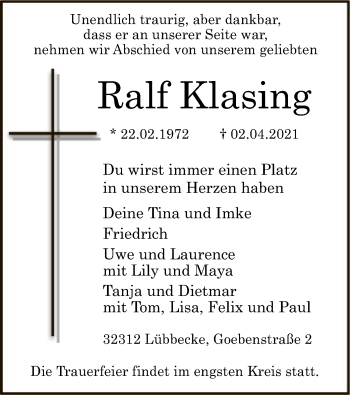 Todesanzeige von Ralf Klasing von SYK