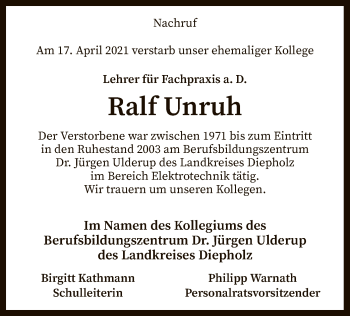 Todesanzeige von Ralf Unruh von SYK