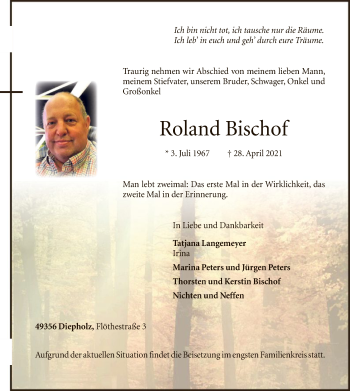 Todesanzeige von Roland Bischof von SYK