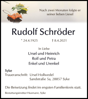 Todesanzeige von Rudolf Schröder von SYK