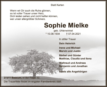 Todesanzeige von Sophie Mielke von SYK