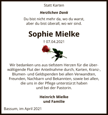 Todesanzeige von Sophie Mielke von SYK