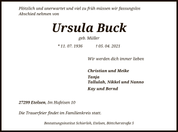 Todesanzeige von Ursula Buck von SYK