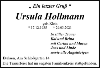 Todesanzeige von Ursula Hollmann von SYK