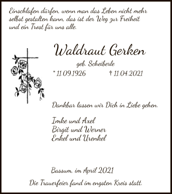 Todesanzeige von Waldraut Gerken von SYK