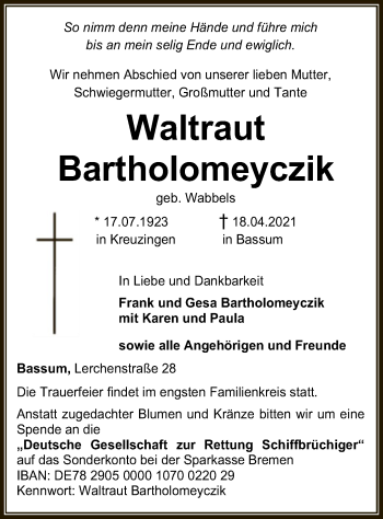 Todesanzeige von Waltraut Bartholomeyczik von SYK
