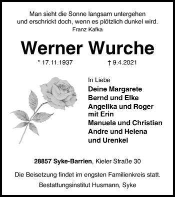 Todesanzeige von Werner Wurche von SYK