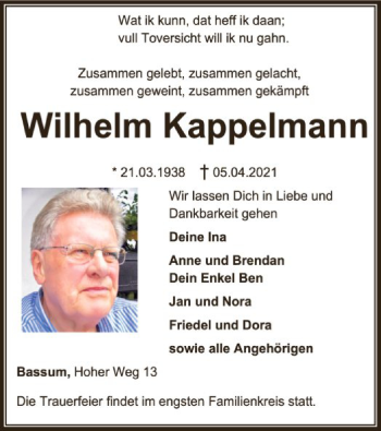 Todesanzeige von Wilhelm Kappelmann von SYK