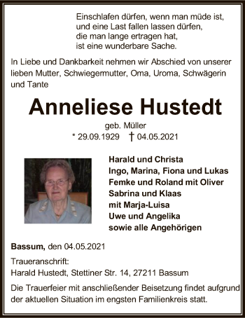 Todesanzeige von Anneliese Hustedt von SYK