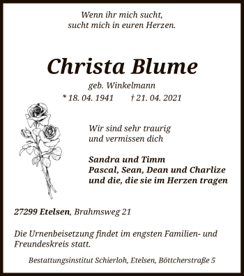 Todesanzeige von Christa Blume von SYK