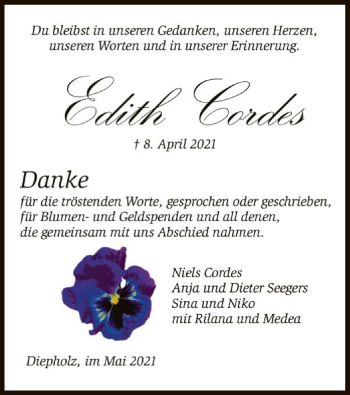 Todesanzeige von Edith Cordes von SYK