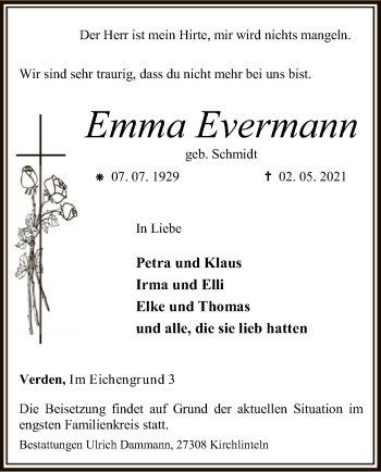 Todesanzeige von Emma Evermann von SYK