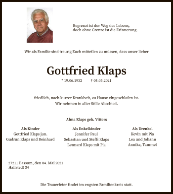 Todesanzeige von Gottfried Klaps von SYK