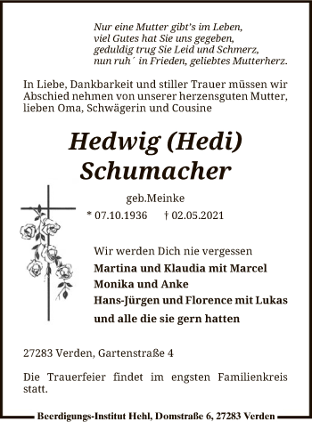 Todesanzeige von Hedwig Schumacher von SYK