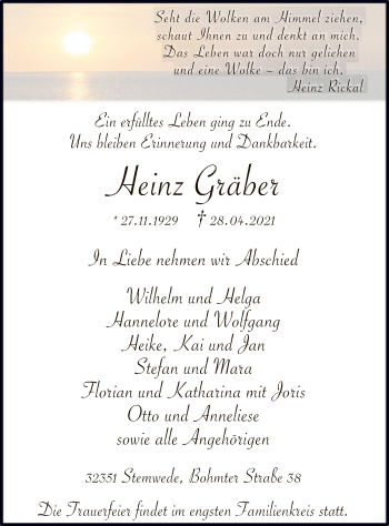 Todesanzeige von Heinz Gräber von SYK