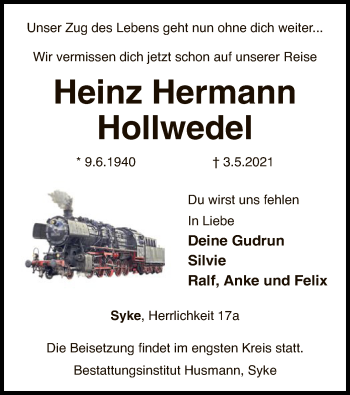 Todesanzeige von Heinz Hermann Hollwedel von SYK