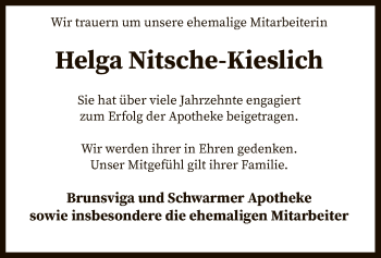 Todesanzeige von Helga Nitsche-Kieslich von SYK