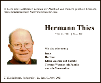 Todesanzeige von Hermann Thies von SYK