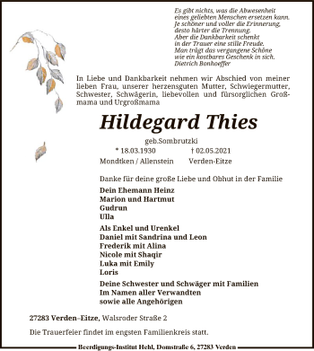 Todesanzeige von Hildegard Thies von SYK