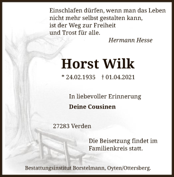Todesanzeige von Horst Wilk von SYK