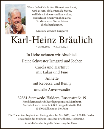 Todesanzeige von Karl-Heinz Bräulich von SYK