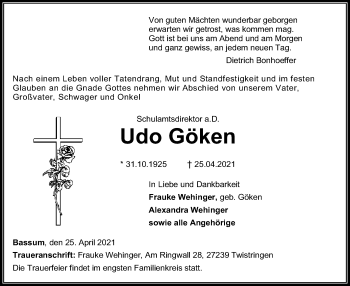 Todesanzeige von Udo Göken von SYK