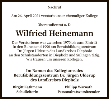 Todesanzeige von Wilfried Heinemann von SYK