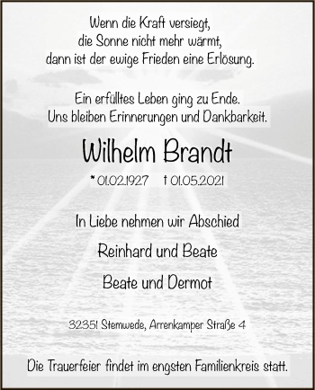 Todesanzeige von Wilhelm Brandt von SYK