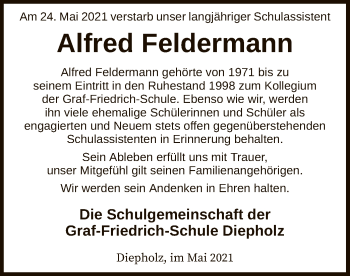 Todesanzeige von Alfred Feldermann von SYK