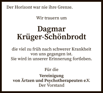 Todesanzeige von Dagmar Krüger-Schönbrodt von SYK