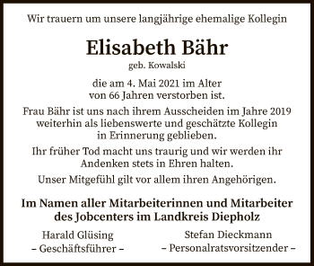 Todesanzeige von Elisabeth Bähr von SYK