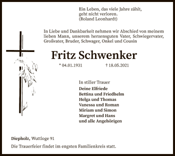Todesanzeige von Fritz Schwenker von SYK