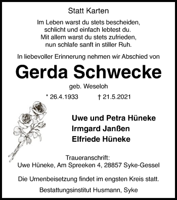 Todesanzeige von Gerda Schwecke von SYK