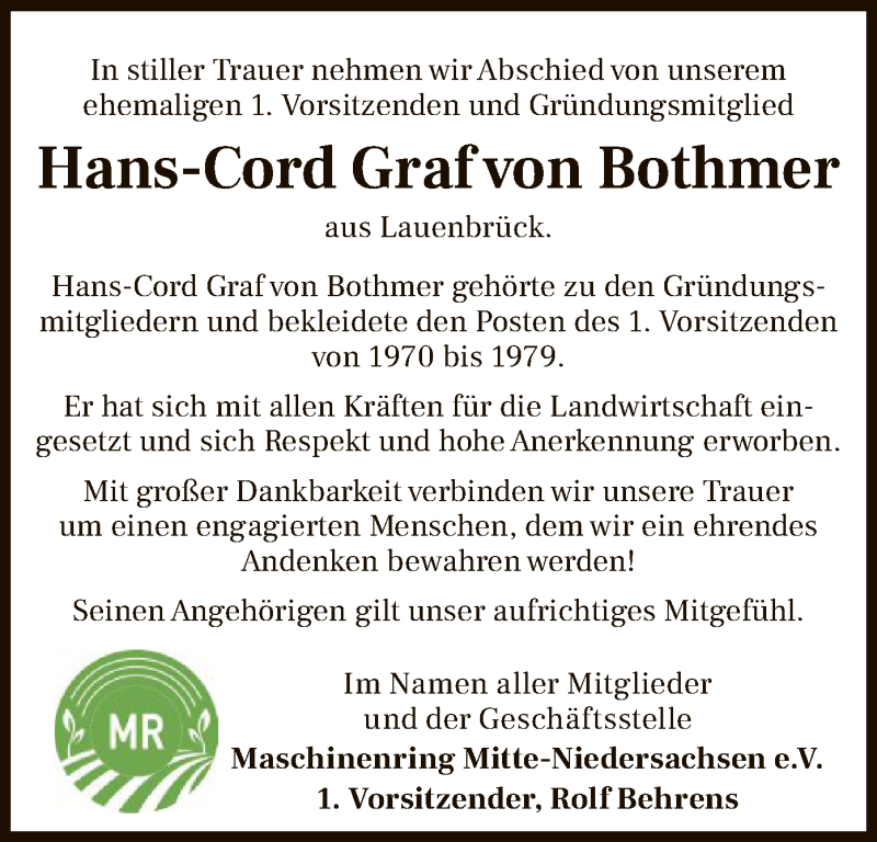  Traueranzeige für Hans-Cord Graf von Bothmer vom 29.05.2021 aus SYK