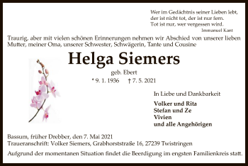 Todesanzeige von Helga Siemers von SYK