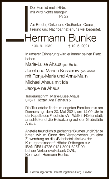 Todesanzeige von Hermann Bunke von SYK