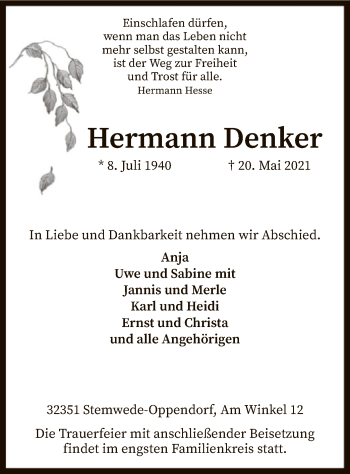 Todesanzeige von Hermann Denker von SYK