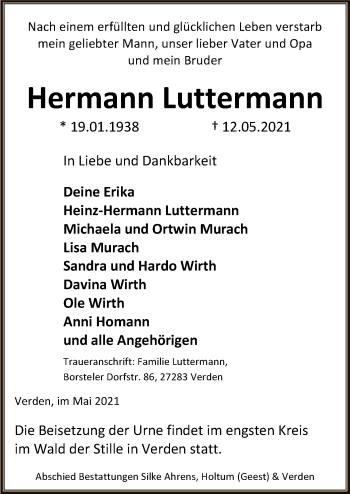 Todesanzeige von Hermann Luttermann von SYK