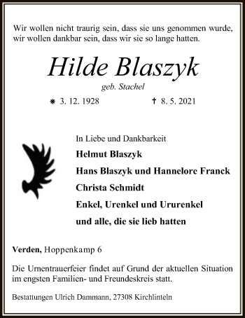 Todesanzeige von Hilde Blaszyk von SYK