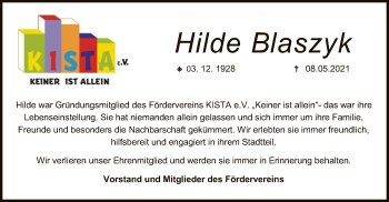 Todesanzeige von Hilde Blaszyk von SYK