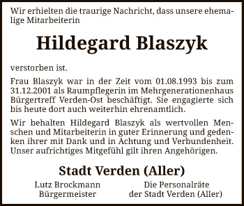Todesanzeige von Hildegard Blaszyk von SYK