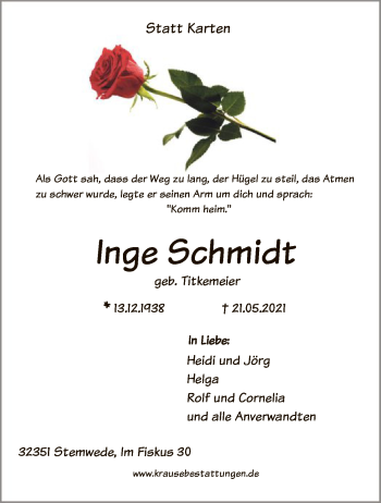 Todesanzeige von Inge Schmidt von SYK