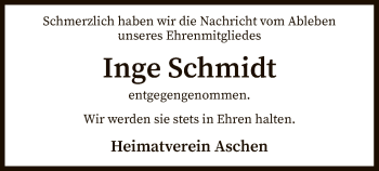 Todesanzeige von Inge Schmidt von SYK