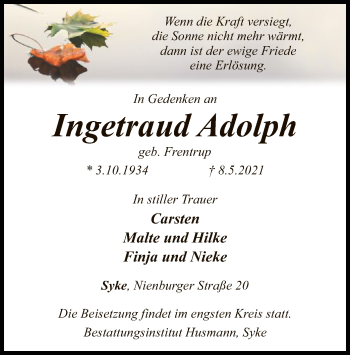 Todesanzeige von Ingetraud Adolph von SYK
