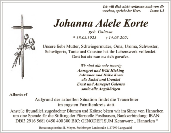Todesanzeige von Johanna Adele Korte von SYK