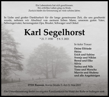Todesanzeige von Karl Segelhorst von SYK